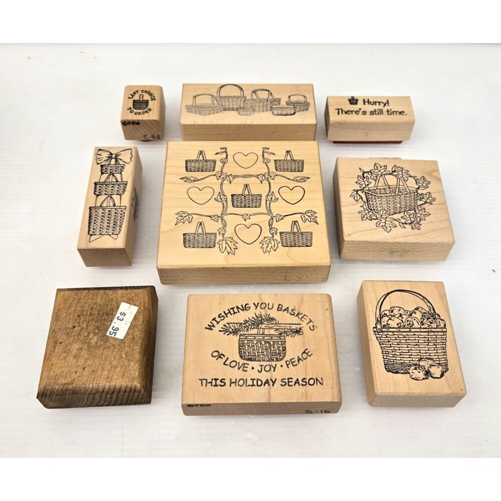 Vintage Wood Mounted Rubber Stamps Basket Theme Lot of 9 Woven Assorted